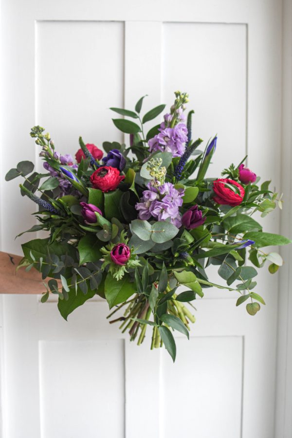 fresh bouquet of spring flowers, eucalyptus and greenery