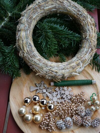 DIY Christmas Wreath kit - wreath base, evergreen fir twigs, gold decorative balls, cones, woodem decorations, florists wire