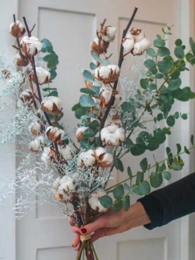 Cotton flower with white limonium (statice) and eucalyptus tied in a winter bouquet