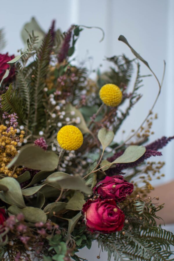 dried flowers bouquet with red roses, Craspedia and eucalyptus