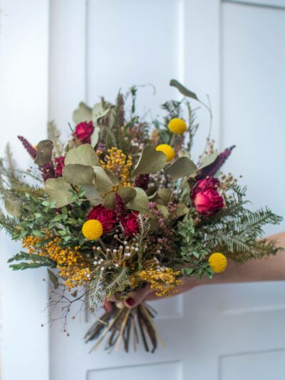 colorful bouquet of dried flowers and dried greenery