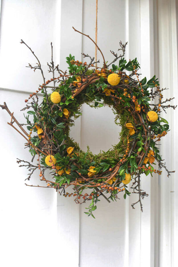 Spring wreath to hang from moss, twigs and yellow flowers od Craspedia.