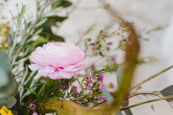 Detail kytice s růžovým květem pryskyřníku, růžovými kvítky vřesu, rozmarýnem a mimózou.
