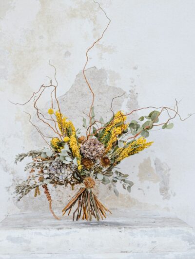 Velká sušená kytice se žlutou mimózou a kraspédií, hortenzií, eukalyptem, laskavcem a kroucenou vrbou.